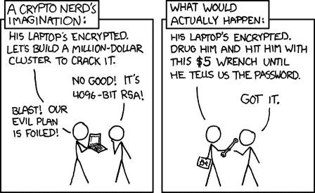 Komische strip over crypto nerds die zich zorgen maken over de veiligheid van hun wallet terwijl criminelen hele andere tactieken hebben