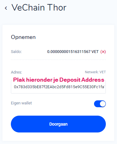 Deposit address plakken om vechain van Bitvavo naar de sync wallet te sturen