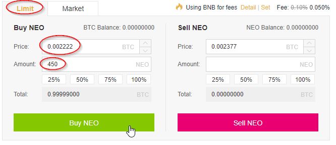 Limit is een wat ingewikkeldere manier van kopen/verkopen. Eigenlijk plaats je een order waarin je zegt: “ik wil wel NEO kopen, maar alleen voor deze prijs.” Als jij bijvoorbeeld geen geld kwijt wilt zijn aan slippage, stel je gewoon in dat je NEO alleen wilt kopen voor 0,002320 Bitcoin per stuk. In dat geval zal jij je NEO kopen van mensen die ervoor kiezen om voor de marktwaarde hun NEO te verkopen (zoals hierboven uitgelegd) en krijg je voor je Bitcoin ongeveer 431 (1/0.002320) NEO. Dat is een hele NEO verschil alleen al aan slippage. Je kan ook bedenken dat je eigenlijk 450 NEO wilt hebben. In dat geval kan je maximaal 0.00222 (1/135) Bitcoin per NEO betalen. Als deze order gevuld wordt, heb je 450 NEO in plaats van de 430 voor marktwaarde: