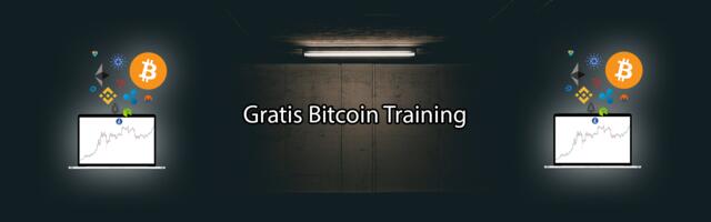 Bitcoin training met een laptop met cryptocurrency's en een donkere achtergrond met een licht dat schijnt op de tekst "Gratis Bitcoin Training"