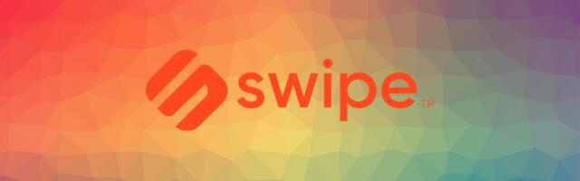 Kleurrijke achtergrond met de naam en het logo van Swipe in het oranje.