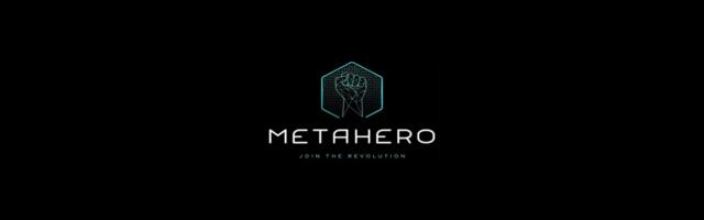 Het logo en de bedrijfsnaam van Metahero op een zwarte achtergrond.