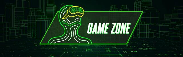 Het logo en de bedrijfsnaam van GameZone, op een groen-zwarte achtergrond.