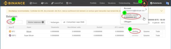 Crypto kopen op Binance Stap 3 Bitcoinadres opzoeken. Afbeelding laat alle stappen in het proces zien om bij je Bitcoinadres terecht te komen.