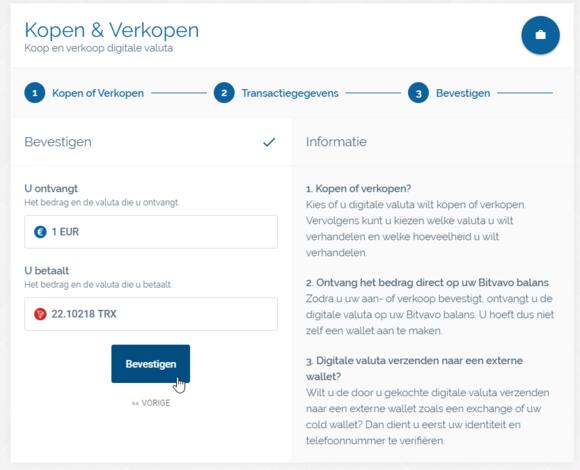 Crypto verkopen via Bitvavo, voorbeeld waarbij Tron wordt verkocht voor een euro.