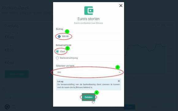 Deze afbeelding laat zien hoe je het formulier op Bitvavo invult om euro's op je rekening te zetten. Vervolgens kan je hiermee straks je Aeternity aanschaffen.