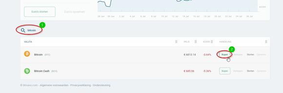 Afbeelding waarop je kan zien waar de zoekfunctie te vinden is om je favoriete cryptocurreny te zoeken en op "kopen" te klikken.