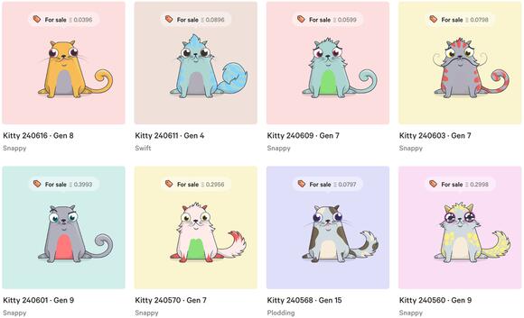 Voorbeeld van Cryptokitties die je kan verhandelen op het Ethereumnetwerk
