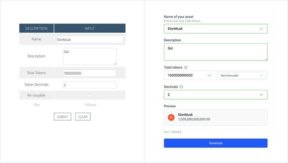 Op deze afbeelding zie je dat je maar weinig hoeft te doen om een token te creëren op het WAVES platform. Je vult maar een paar dingen in en je hebt je eigen cryptocurrency gemaakt!