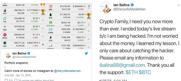 Twitter berichten van Ian Balina waarin hij opschept over zijn winsten waarna hij gehackt is en een groot deel van zijn crypto weer verloor