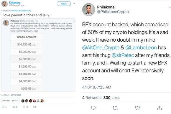 Een twitterbericht van Philakone waarin hij zegt dat hij een groot deel van zijn crypto kwijt is geraakt.