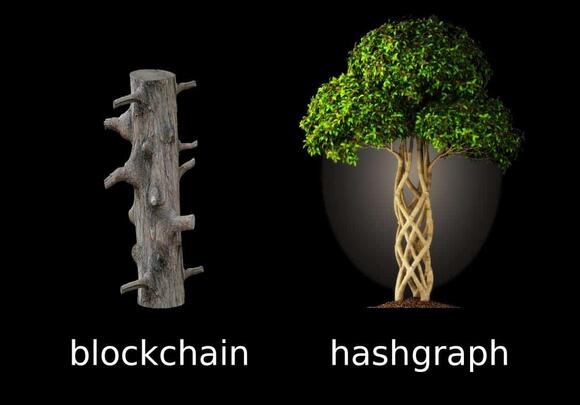 Het verschil tussen hashgraph en blockchain zoals ze het bij Swirlds uitleggen. Links is een dode boom te zien met een paar vertakkingen die staan voor de forks van Bitcoin. Rechts is een mooie boom te zien die in elkaar overvloeit dat staat voor de technologie van hashgraph.