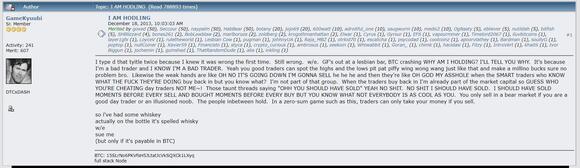 Printscreen van het bericht waarmee de term HODL is ontstaan