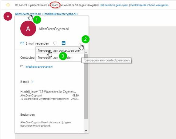 Toevoegen AllesOverCrypto aan mailcontacten stap 1