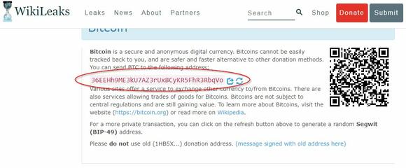 Bitcoin is geen privacy coins op de donatiepagina van Wikileaks