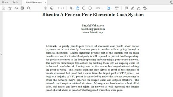 Eerste pagina van Satoshi Nakamoto's white paper over Bitcoin