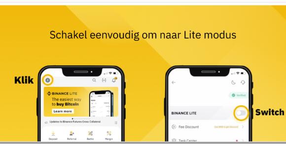 Binance Lite schakel optie tussen Lite en Pro op je mobiel