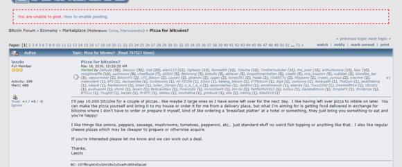 Screenshot van de eerste transactie in Bitcoin.