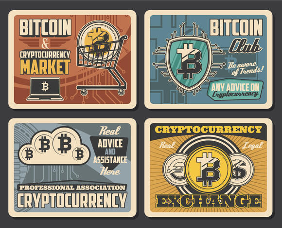 Kleine posters over crypto in retro stijl