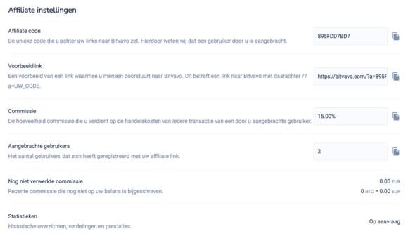 Bitvavo Affiliate Instellingen