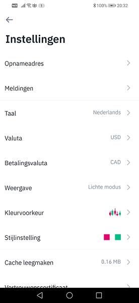 Screenshot op Binance Lite van instellingen