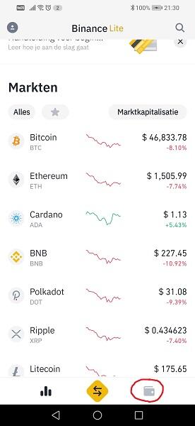 Screenshot can Binance Lite waar je de wallet button kunt vinden