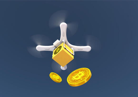 Drone die cryptomunten naar beneden gooit