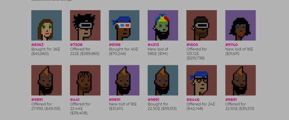 Screenshot van CryptoPunks NFT's en het laatste bod op deze NFT's