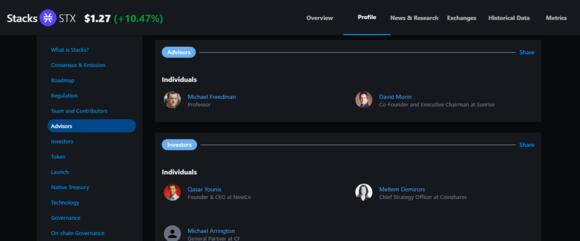 Screenshot van de adviseurs en investoren van Stacks