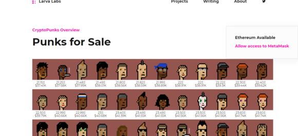 Screenshot van de CryptoPunks die in de verkoop staan