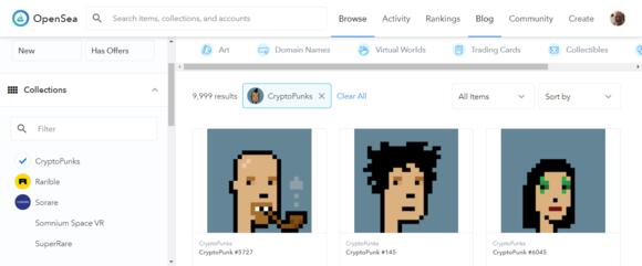 Screenshot van de CryptoPunks marktplaats op OpenSea