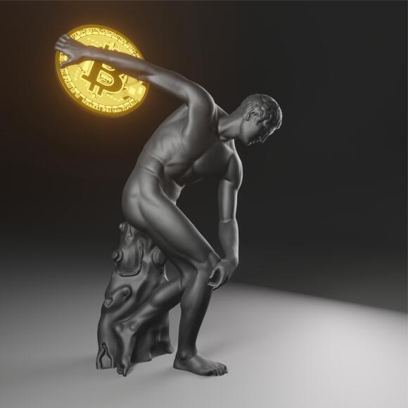 Romeins sporters standbeeld met Bitcoin als discus