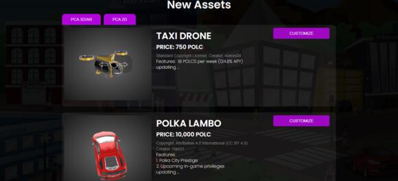 Assets op de Polka City marktplaats