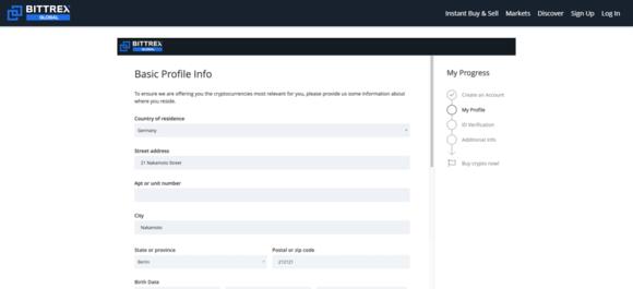 Basic Profile Info pagina tijdens Bittrex registratie