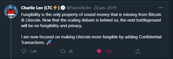 Charlee Lee tweet over fungibility
