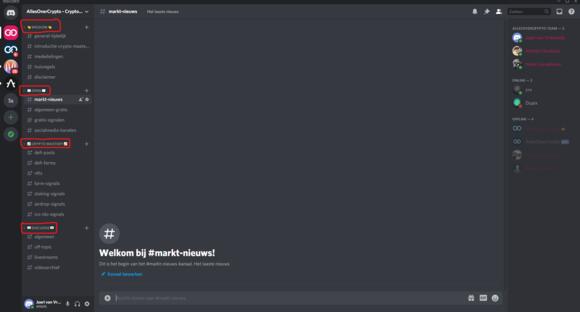 Discord categorieën gemarkeerd in rood