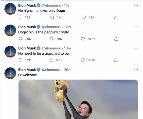 Verschillende tweets van Elon Musk die de prijs van Dogecoin enorm deden stijgen.