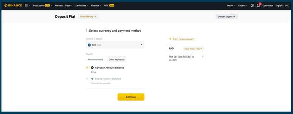 Binance fiat storten via Advcash Account Balance