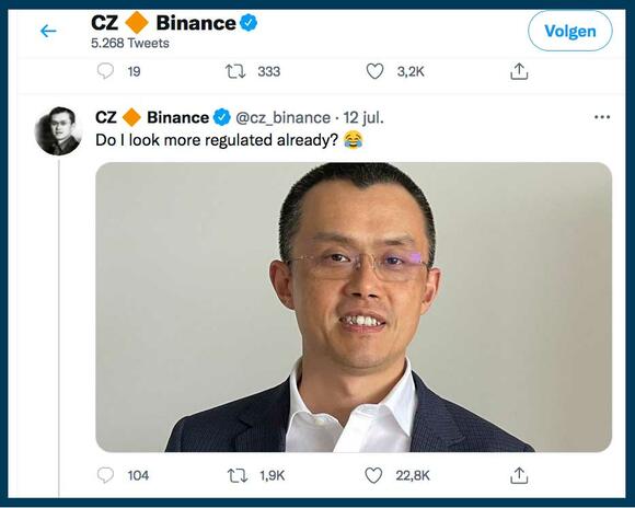 CEO Binance CZ tweet: "Do i look more regulated already?"