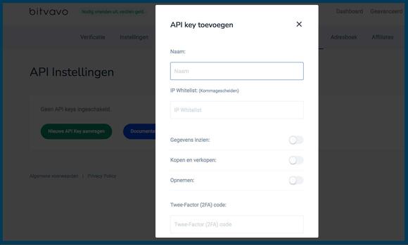Cryptohopper & Bitvavo koppelen: API Keys formulier invullen bij Bitvavo
