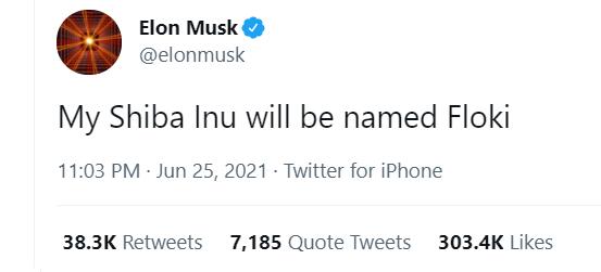 De beruchte Tweet van Elon Musk, over zijn Shiba die hij Floki noemt.