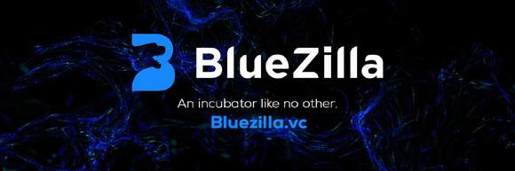 BlueZilla banner in het wit en blauw.