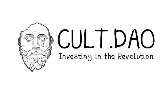 Logo en bedrijfsnaam van CultDAO, met daaronder hun slogan.