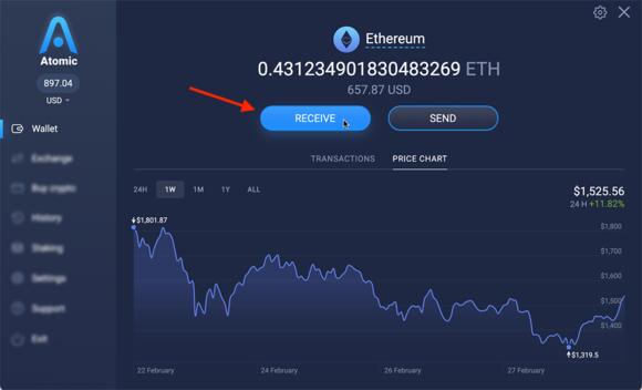 Voorbeeld van crypto ontvangen op de Atomic Wallet.