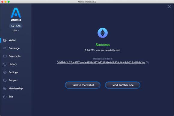 Voorbeeld van een geslaagde transactie via de Atomic Wallet.