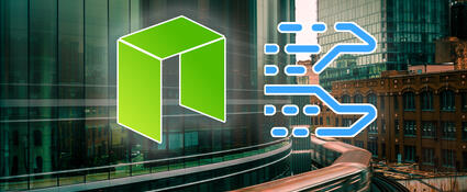 Logo's van NEO en Celer Network met een bewogen stad op de achtergrond
