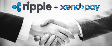 Logo's van ripple en xendpay met op de achtergrond twee mensen die elkaar de hand schudden
