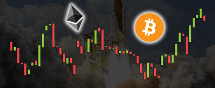 Koers van Bitcoin en Ethereum en de logo’s van beide cryptomunten. Op de achtergrond wordt een raket afgevuurd.