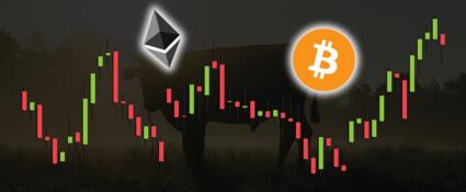 De koers van Bitcoin en Ethereum afgebeeld voor een bull