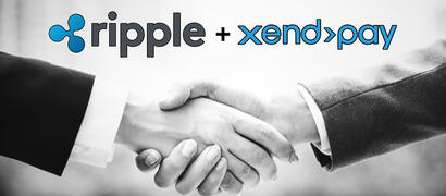 Logo's van ripple en xendpay met op de achtergrond twee mensen die elkaar de hand schudden